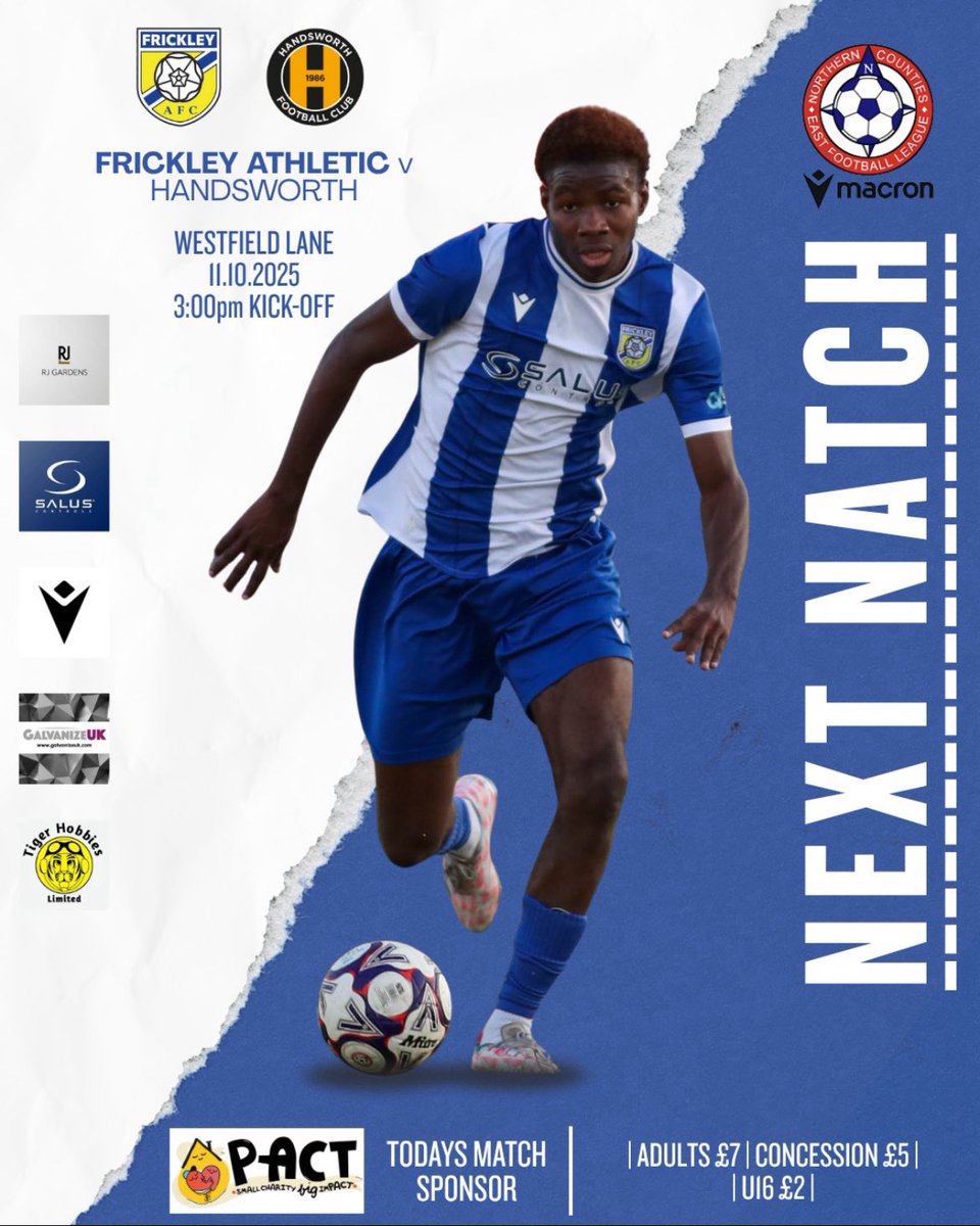 frickleyafc's tweet image. Match Preview - Saturday 11th October 2025

The Blues are back at the Wezzie as we welcome @Handsworth_FC for our latest NCEL encounter, kick off at 3:00pm

All the information you need can be found below 👇 

frickleyathletic.co.uk/match-preview-…

🔵⚪️🔵

#forzafrickley
