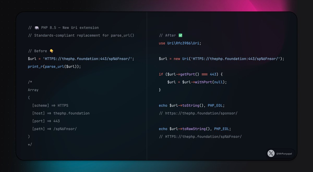 MrPunyapal's tweet image. PHP 8.5 adds a built-in Uri extension — RFC 3986 & WHATWG-compliant.
No more parse_url() weirdness 👇
🧪 Available to test now in PHP 8.5 RC 1