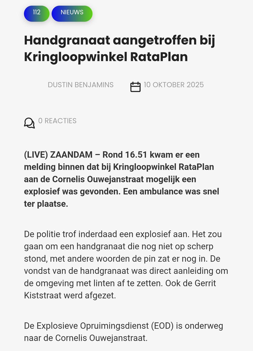 Handgranaat aangetroffen bij Kringloopwinkel RataPlan in Zaandam