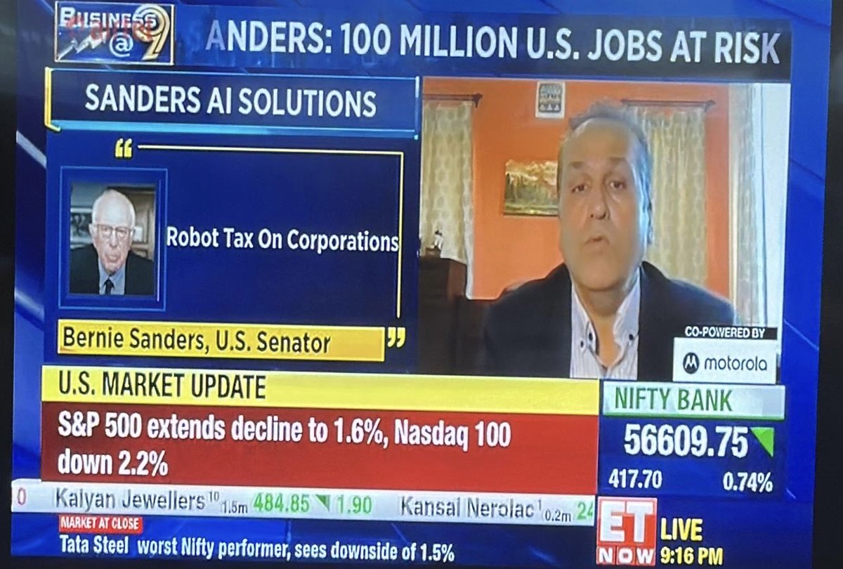 ajainb's tweet image. Spoke on Economic Times @ETNOWlive today about AI’s impact on the future of work. Sanders’ report warns 100M US jobs could vanish in a decade—nurses, truckers,fast food workers hit hard.We need a robot tax &amp;amp; retraining to ensure AI lifts all, not just the elite! #FutureOfWork #AI