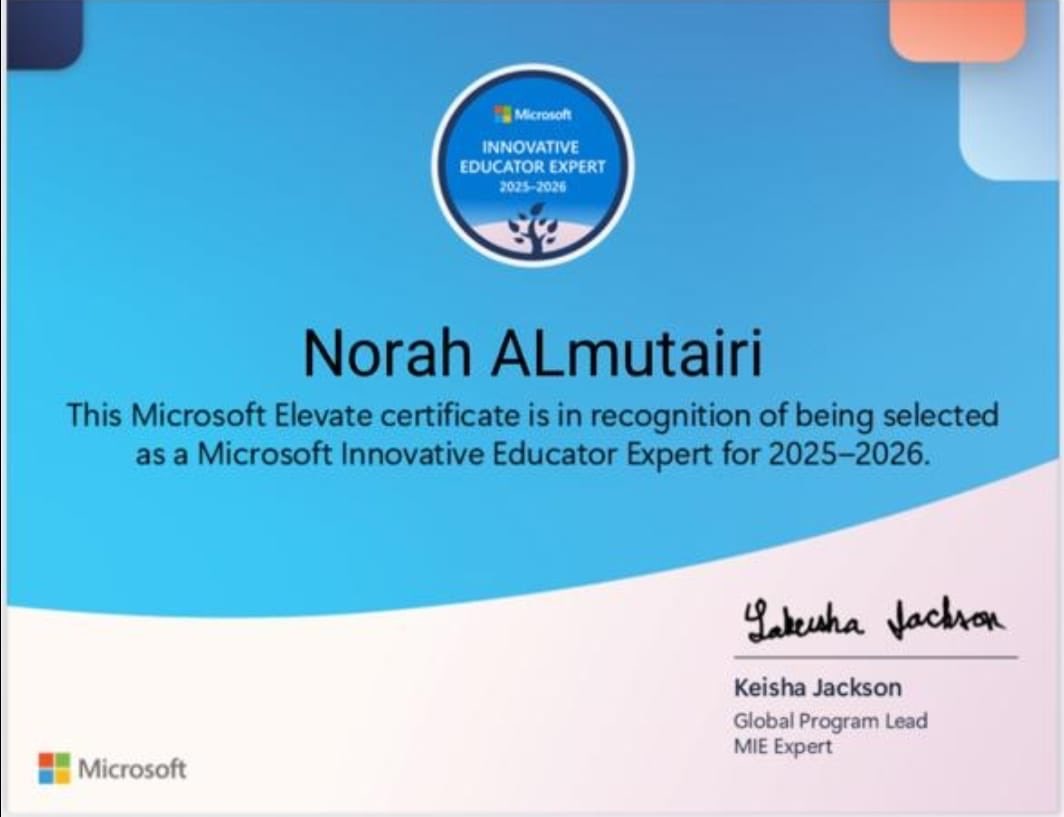 nmutairy's tweet image. ولله الحمد والشكر تم حصولي على شهادة وشارة معلم خبير مايكروسوفت للتعليم المبتكر  
شكرًا لشركاء النجاح الذين كانوا جزءًا من رحلة العطاء..

#Microsoft_InnovativeEducator
@MScreativeteam
@abeermehdar @omaymao2 @nasser7752
@Microsoft_Saudi 
#MIEExpert #E
@danasana7
