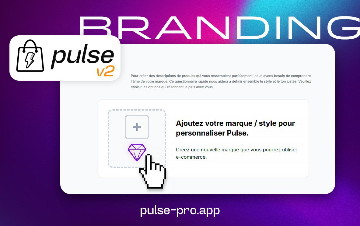 leroynicolasfr's tweet image. 🚨🚨 ANNONCE !!

@pulse_pro_app PASSE EN VERSION 2.0 !

Aujourd&apos;hui, PULSE ne change pas seulement de version. Il change de dimension.

On est hyper fiers de vous présenter la fonctionnalité qui va redéfinir la création de contenu pour votre e-commerce : le Branding Personnalisé…