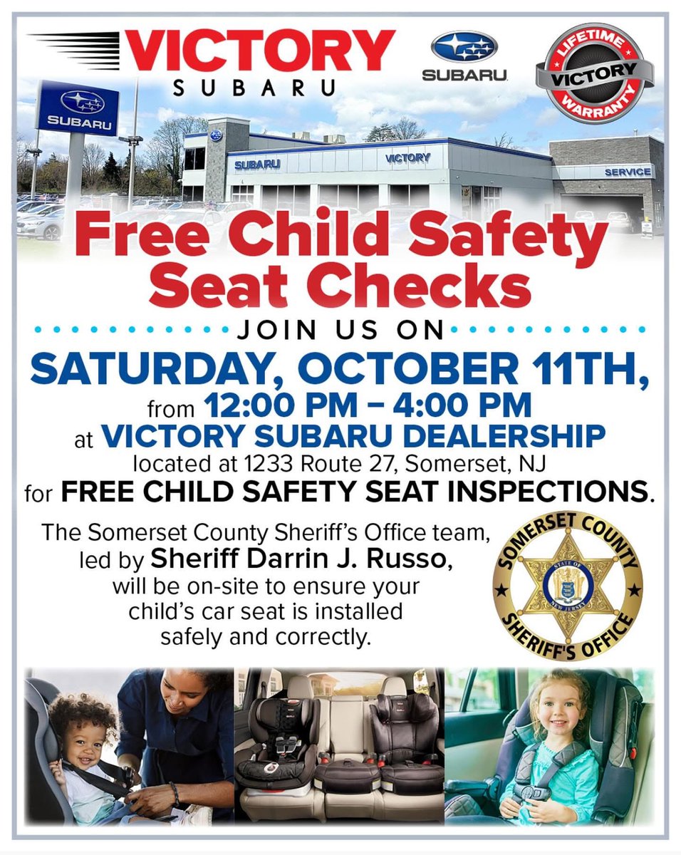 BillSchievella's tweet image. Come and meet the Somerset County Sheriff’s Office tomorrow at Victory Subaru in Somerset as we conduct free child safety seat inspections and provide educational information about protecting your family. See you there! #scsoprotectingandconnecting