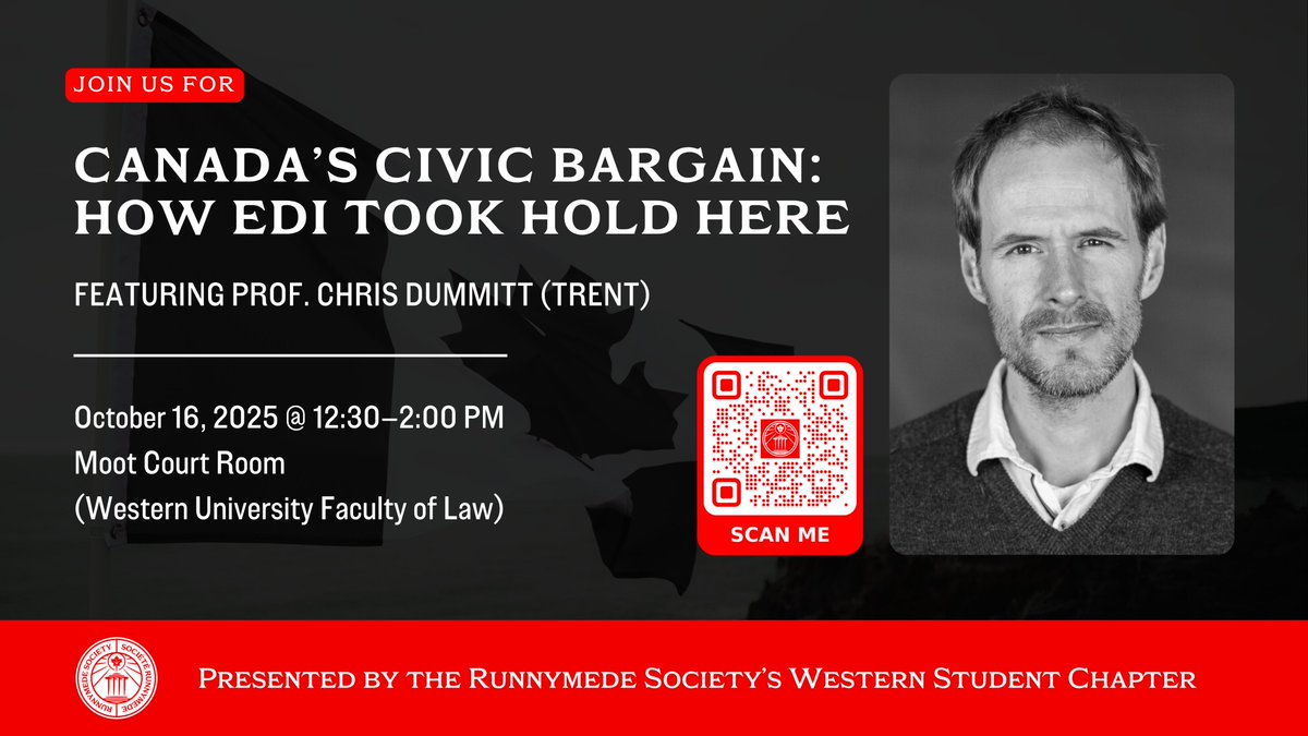 Please join Runnymede’s Western Chapter for a discussion about the complex relationship between Canada’s cultural history and contemporary Equity, Diversity, and Inclusion (EDI) initiatives with Prof. Chris Dummitt (Trent) on October 16th.

Register by scanning the QR code today!