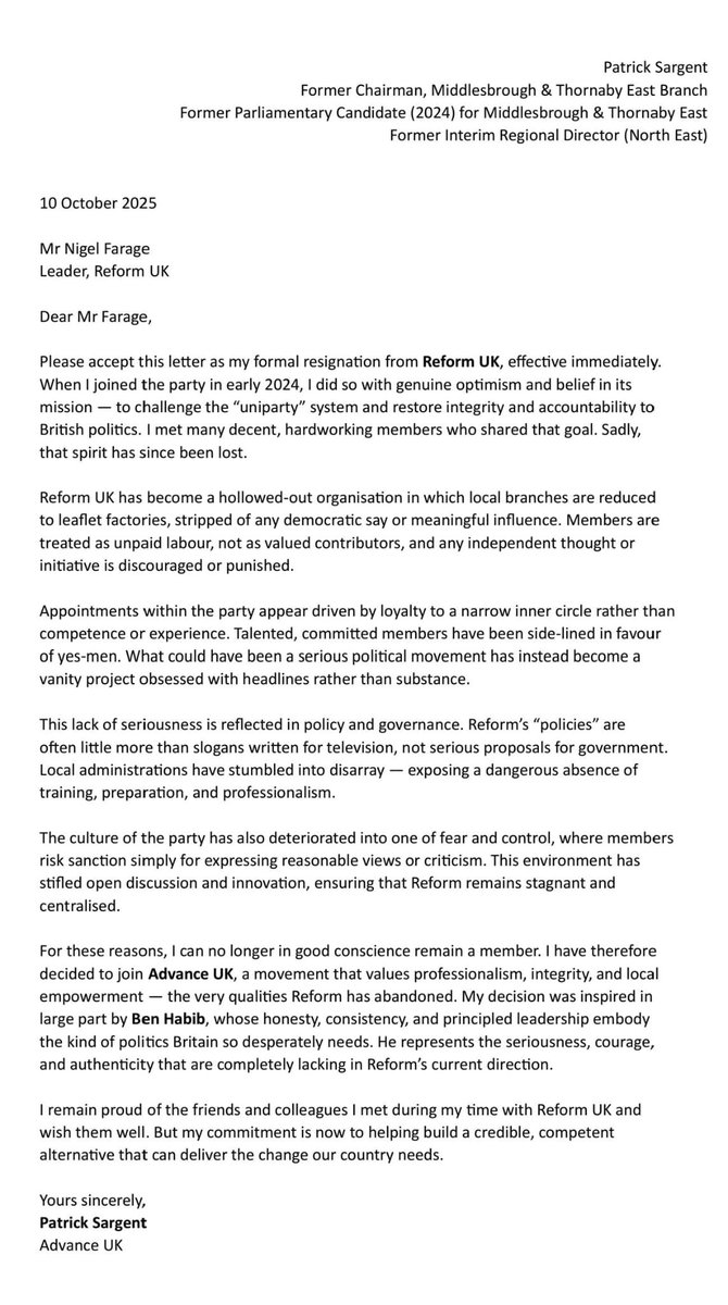seton_nick29275's tweet image. EXCLUSIVE: major blow for @reform as ex regional chair quits and joins @benhabib6 and @_AdvanceUK