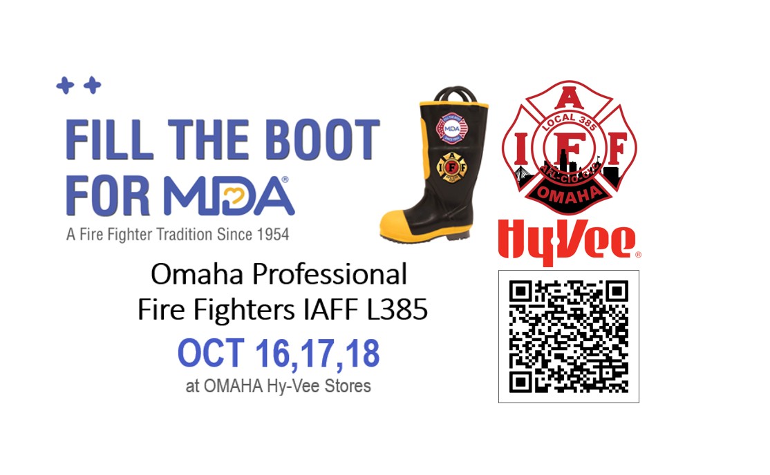 The <a href="/OmahaFire385/">Omaha Fire Fighters</a> members are less than one week away from our annual #FillTheBoot for <a href="/MDAorg/">Muscular Dystrophy Association</a>.  We will be at each <a href="/HyVee/">Hy-Vee</a> in the Omaha area Oct 16, 17, &amp; 18.