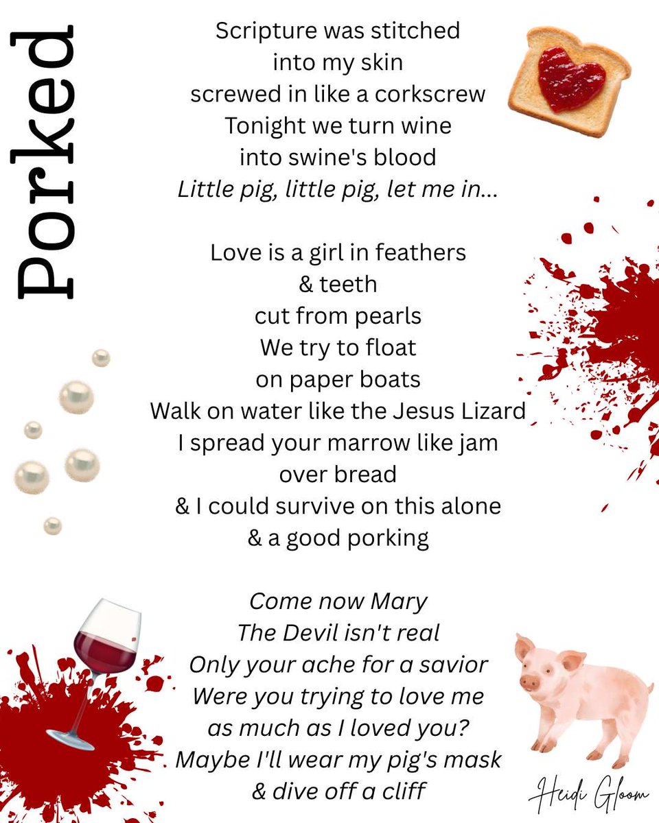 HMNolanbooks's tweet image. #Porked

Scripture was stitched
into my skin
screwed in like a corkscrew
Tonight we turn wine
into swine&apos;s blood
Little pig, little pig, let me in...
#BornBattleReady #poetry #poetryprompt