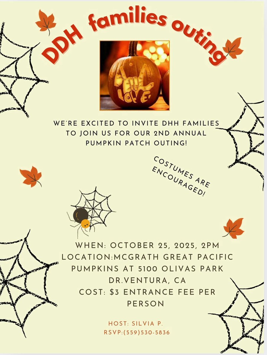 tcgladeaf's tweet image. 🎃 DHH Families — join us for our 2nd Annual Pumpkin Patch Outing!
🗓️ Oct 25, 2025 • 2PM
📍 McGrath Great Pacific Pumpkins, Ventura
💲 $3/person
🎭 Costumes encouraged!
📞 RSVP: Silvia P. (559) 530-5836
#DHHCommunity #TriCountyGLAD #FallFun #PumpkinPatch