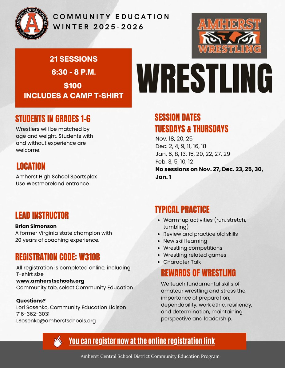 Sign up now! Two great Community Ed. programs for boys &amp; girls in grades 1-6. Saturday morning basketball with Coach Wheeler and Wrestling with Coach Simonson are open for registration. Info. and registration is at amherstschools.org/community/comm…