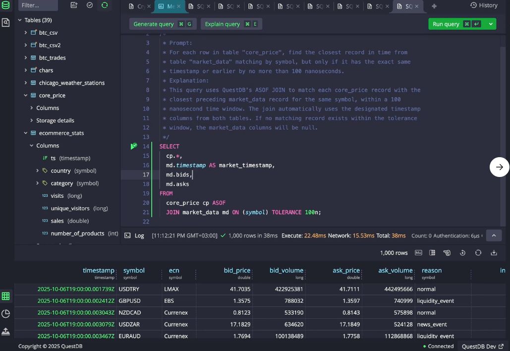 QuestDb's tweet image. We’re cooking something new for #QuestDB. 🍳
You’ll soon be able to use your own Claude or OpenAI API keys right from the Web Console.
Ask in plain text, get SQL and results back.
It can also help debug errors or explain queries.
Screenshots 👇