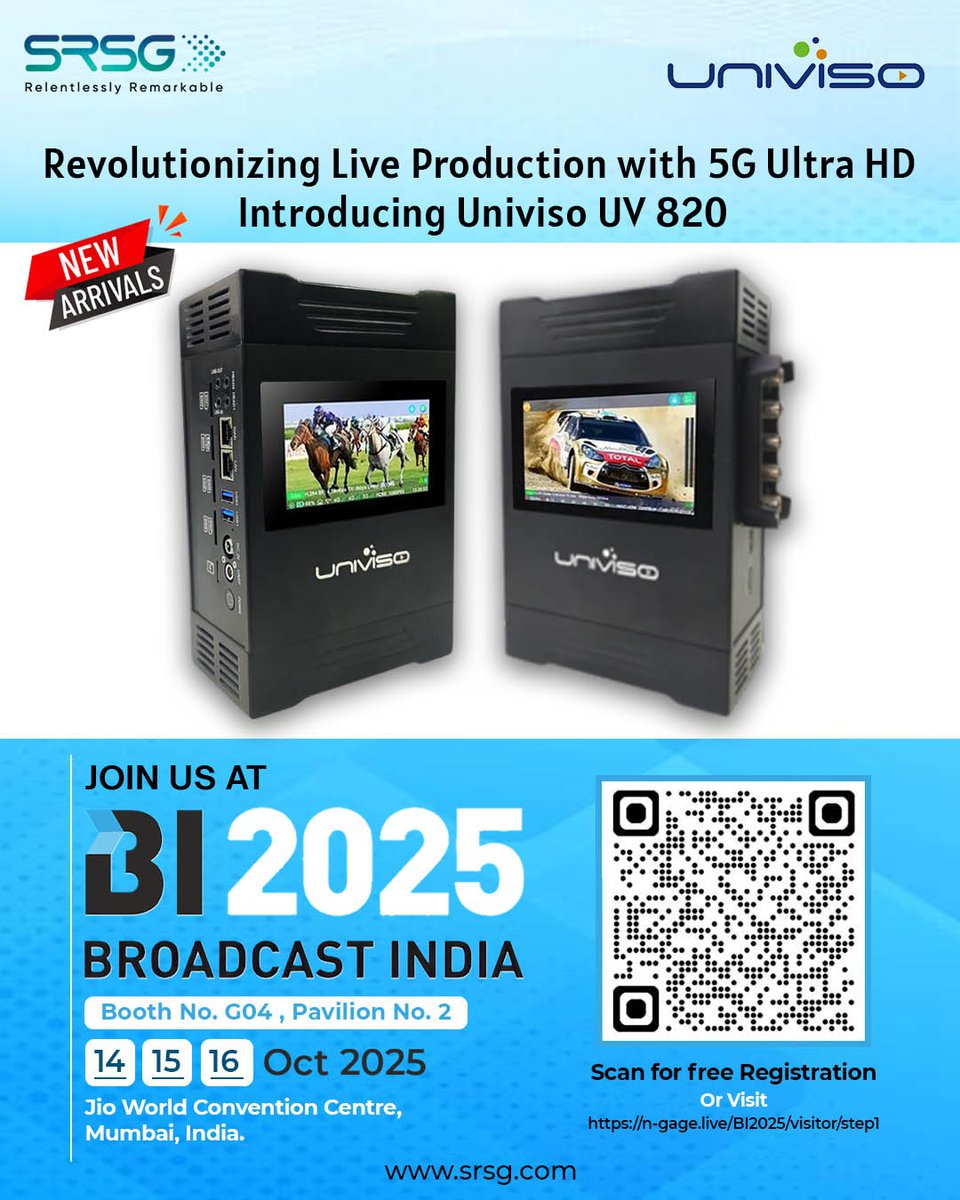 Experience next-generation live production with Univiso UV 820, powered by 5G Ultra HD for seamless, high-quality remote broadcasting.

See it live at Broadcast India 2025, Booth G04, Pavilion 2.

...
#Univiso #BroadcastIndia2025 #SRSG