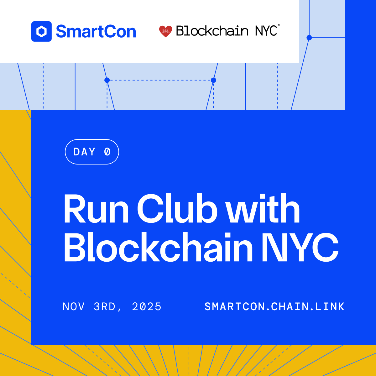 Our final Day 0 Community Day activation will be a Chainlink Run Club with the one and only <a href="/ChrisBarrett/">Chris Barrett ⬡ cbone 🎖️</a> and hosted by our local partners at Blockchain NYC

Join us to kick off smartcon on a healthy note.

Regardless of whether you are a runner, you can join us for light bites