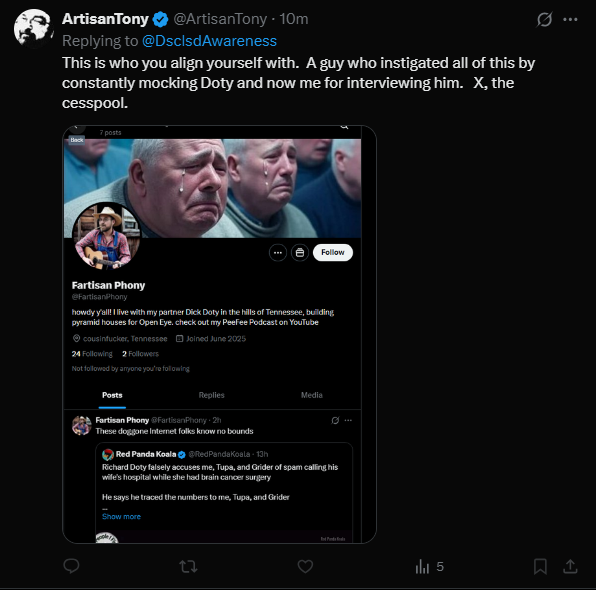Steve, The time traveling Neanderthal (@dsclsdawareness) on Twitter photo So <a href="/ArtisanTony/">ArtisanTony</a> blocks me from replying to thread i'm already in because I've questioned his actions. I've never heard of Fartisan Phony up until now 😂Might actually give that account a follow now. So <a href="/ArtisanTony/">ArtisanTony</a> blocks me from replying to thread i'm already in because I've questioned his actions. I've never heard of Fartisan Phony up until now 😂Might actually give that account a follow now.