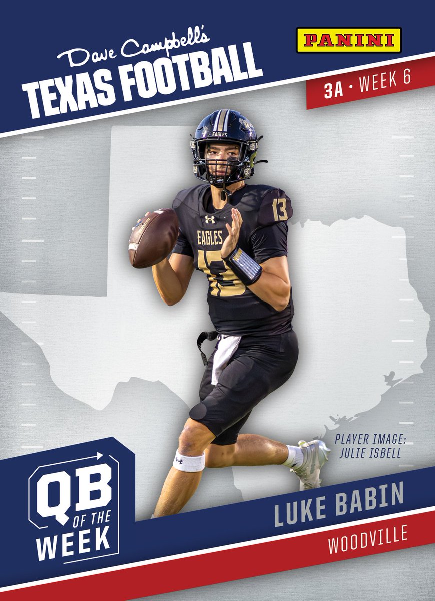 dctf's tweet image. Introducing our Week 6 #txhsfb 3A Quarterback of the Week presented by @PaniniAmerica: Luke Babin from the Woodville Eagles!
@luke_babin2027 | @WoodvilleFball | @HeathClawson | #dctf #whodoyoucollect
📸: Julie Isbell
