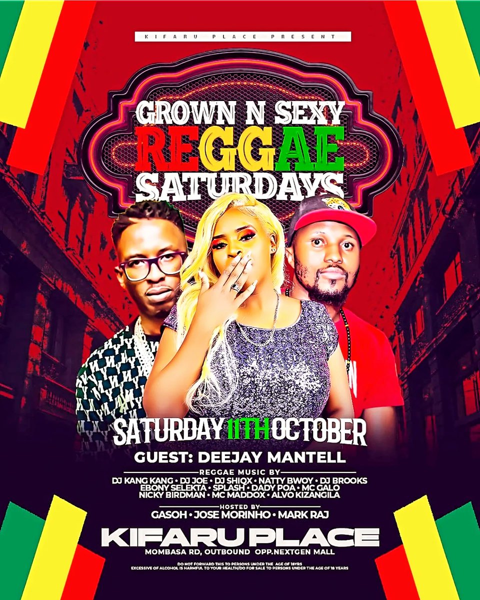 An each &amp; every Saturday affair... 💚💛❤️

GROWN &amp; SEXXY REGGAE SATURDAY'S AT KIFARU PLACE  ( Mombasa Road Opposite Nextgen Mall )

time : 5pm-until 

Spread the word &amp; Rope in !