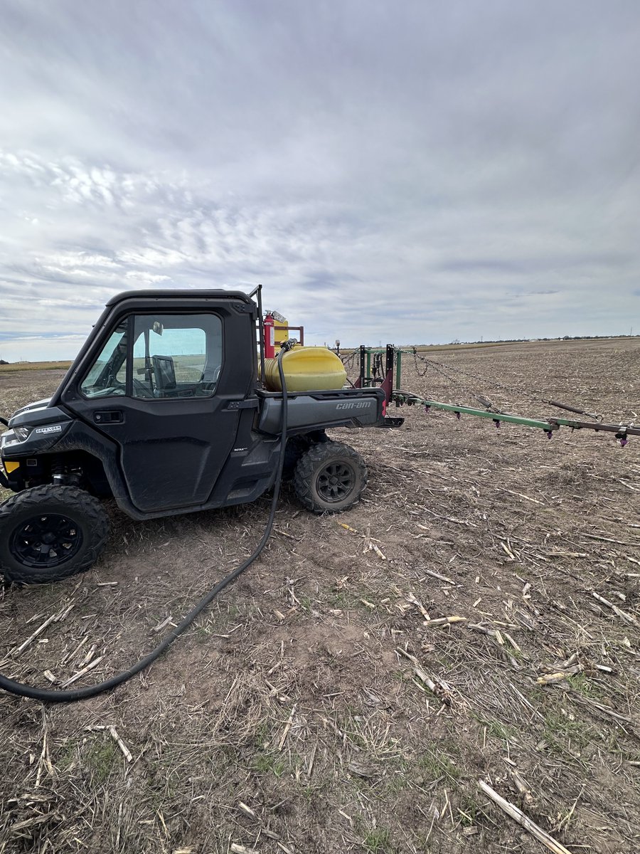 Spraying fertilizer research strips for UNL at the Stumpf Center. There are wanting to look at PGR, S, Zn and B