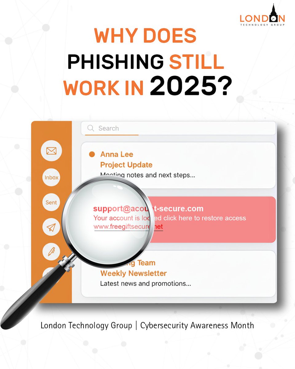 Londontechgroup's tweet image. Phishing is still the #1 cyber threat.
It doesn’t target your firewall. It targets people.
Think before you click.
#CyberAwarenessMonth #CyberSecurityAwareness #CyberProtection #PhishingAwareness #CyberSecurityTips #LondonTechnologyGroup