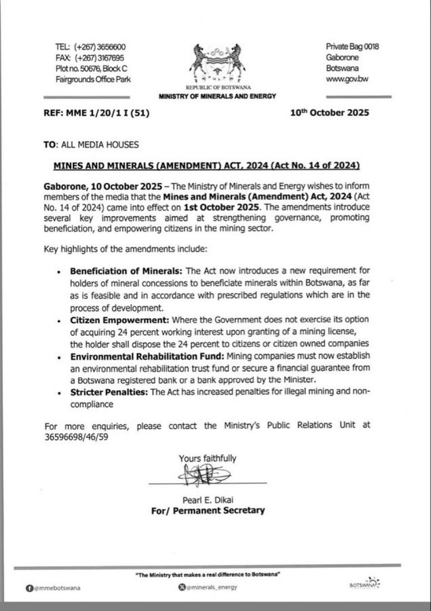 🇧🇼 Botswana Enforces Tough New Mining Law to Empower Citizens and Protect Environment.

Botswana’s Mines and Minerals (Amendment) Act, 2024 took effect on 1 October 2025, introducing sweeping reforms to strengthen governance, boost citizen participation, and curb illegal mining.