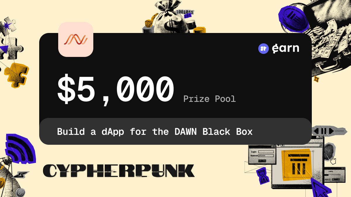 dawninternet's tweet image. DAWN is sponsoring @SuperteamEarn&apos;s Cypherpunk Side Track, and we&apos;re excited to offer a $5,000 prize pool!

Do you have an idea for a new dApp for the DAWN Black Box? The Black Box currently supports ten projects, from user-owned AI, to encrypted MPC and storage.

Submit your…