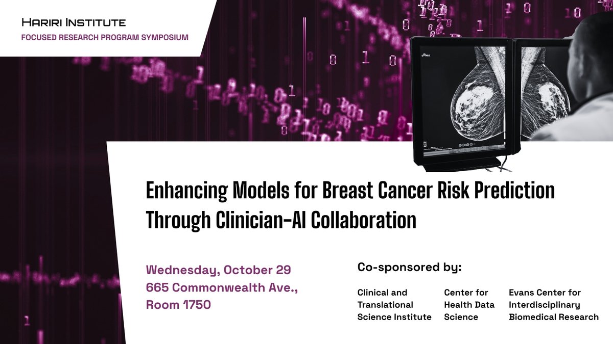 BU_Computing's tweet image. October is Breast Cancer Awareness Month. Join us Wednesday, October 29th for a Hariri Institute Focused Research Program (FRP) symposium that will bring together experts in AI, medical imaging, clinical medicine, and public health to share advances in AI-driven early detection…