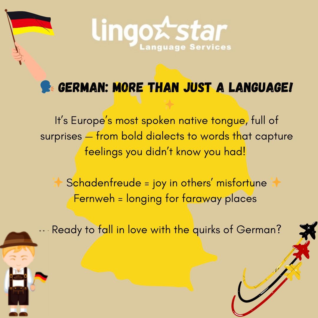 BC_Translation's tweet image. 🇩🇪 GERMAN: More Than Just a Language! 

It’s expressive, emotional, and full of surprises—like Schadenfreude and Fernweh. 💥🌟 

Ready to fall in love with the quirks of German? 

#LingoStar #GermanLanguage #CultureCorner #TranslationExperts #FernwehFeels