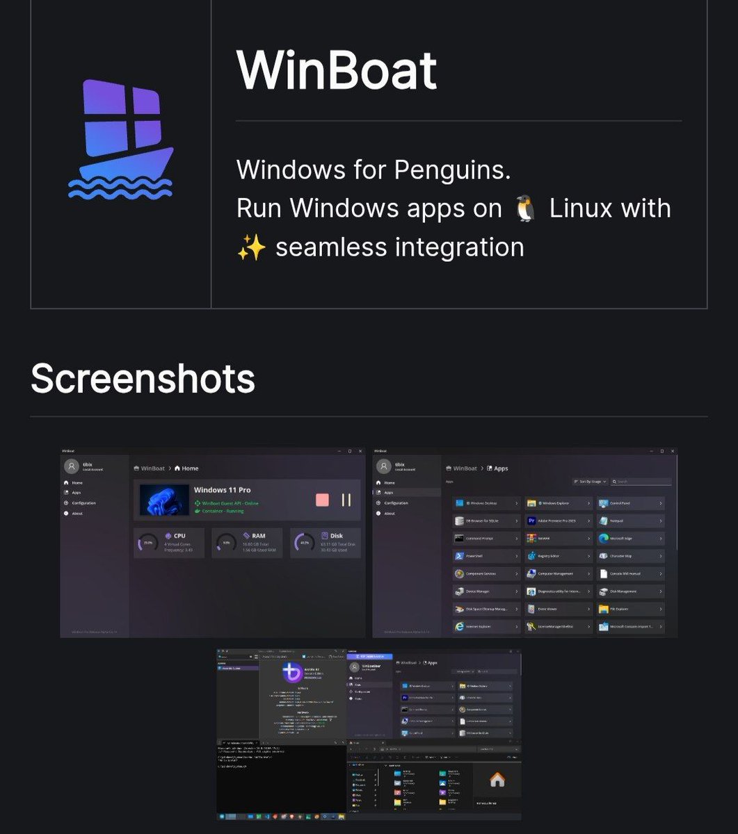 RezaHidaya71253's tweet image. 🚣 WinBoat — alat GUI ringan & open source untuk manajemen Windows Containers!
⚙️ Mudah deploy, atur, & monitor container Windows dalam antarmuka visual
🔗 github.com/TibixDev/winbo…
#WinBoat #OpenSource #WindowsContainers #DevTools #ContainerManagement