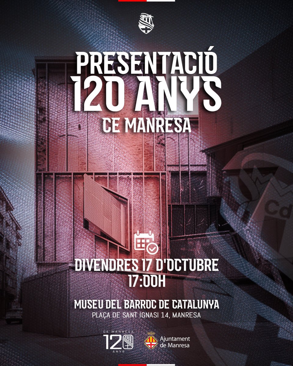 🗣️ PRESENTACIÓ 120 ANYS CE MANRESA 

📆 Divendres 17 d’octubre 
🕑 17:00h
📍Museu del Barroc
⚽️ Amb el 1r equip, el femení, el futbol base… i l’afició!
📺🗞️ Premsa
🎙️ Amb el suport de l’<a href="/ajmanresa/">Ajuntament de Manresa</a> 

#LaHistòriaContinua🔴⚪️
#CEManresa120