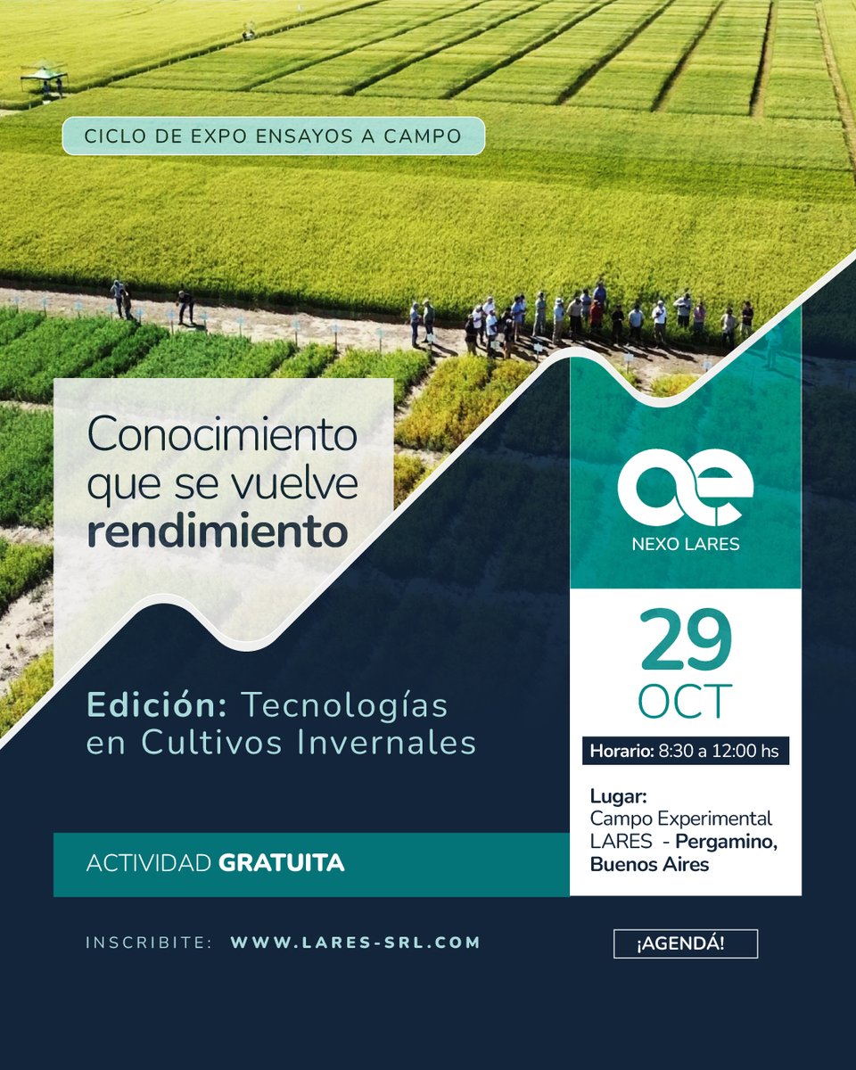 ¡Vuelve #NexoLares! 🚀🌱

Más de 20 empresas en la primera edición de este clásico que vincula a productores, asesores y empresas.

Veremos ensayos en #arveja #trigo #cebada #camelina #carinata y #colza. 

🗓️ 29/10 |  (Pergamino)
📝 forms.gle/NCVb3uqHWcaSD5…