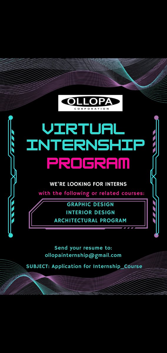 vien_ollopa's tweet image. 🌐 OLLOPA VIRTUAL INTERNSHIP PROGRAM

📧 Send your resume/CV/portfolio to ollopainternship@gmail.com

📌 Subject: Application for Internship_[Your Course]

#OllopaInternship #VirtualInternship #WorkFromHome #InternshipOpportunity #OllopaCorporation