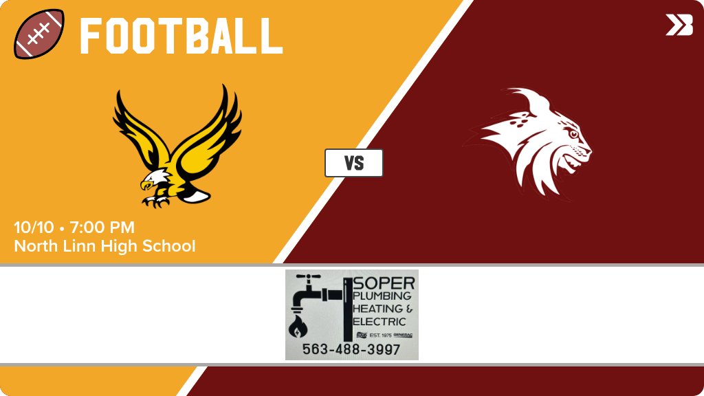 Football (Varsity) Game Day! - Check out the event preview for the The Midland Eagles vs The North Linn Lynx. It starts at 7:00 PM and is at North Linn High School North Linn Football Field. gobound.com/ia/ihsaa/footb…