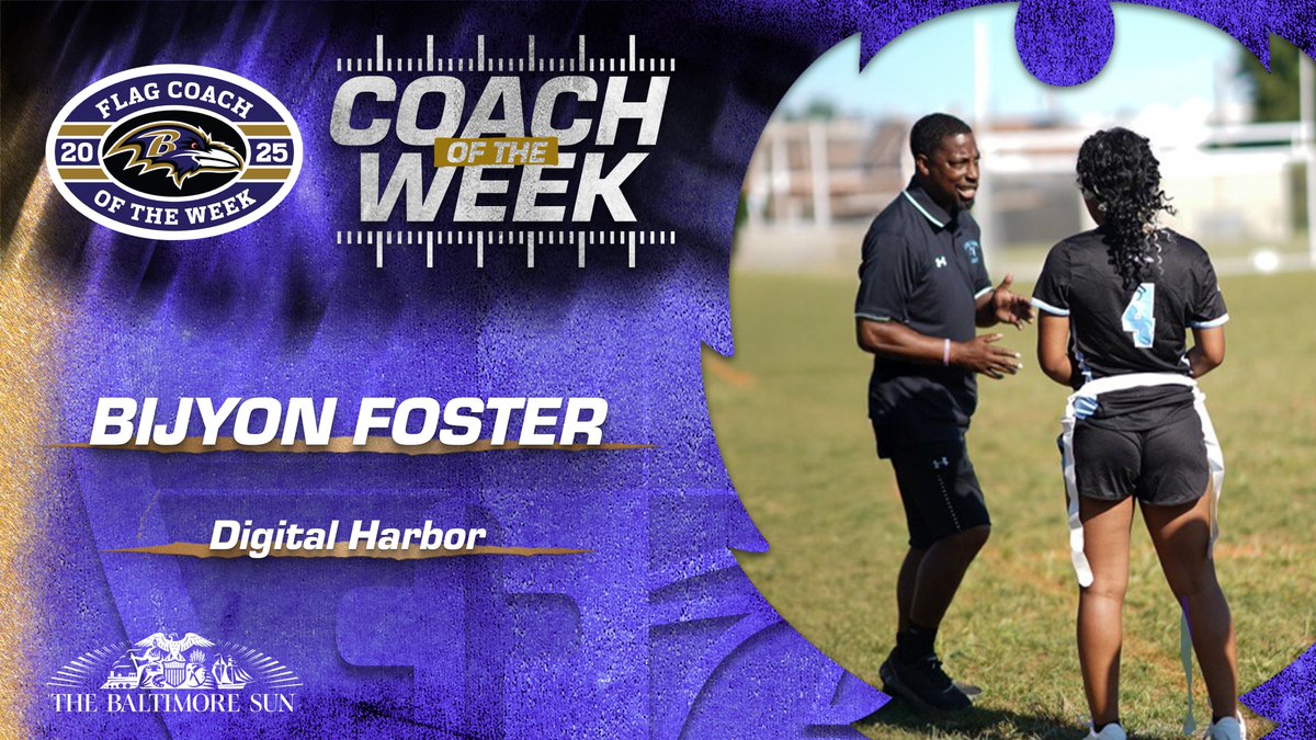 Graphic design overlay with Baltimore Ravens logo and 2024 Coach of the Week text features a circular photo of a Black male coach in black shirt and pants standing on green field next to a Black female coach in blue jersey number 4 and black shorts both smiling and facing each other with arms extended as if coaching with school name Digital Harbor below and Baltimore Sun sponsor logo at bottom. Second graphic similar design shows circular photo of a white male coach with headphones around neck wearing white shirt with green logo gray pants holding papers walking on field with green trees and group of players in background with school name Guilford Park below and same sponsor logo.