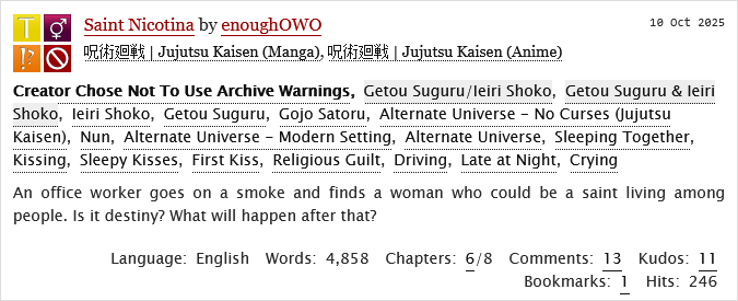 enoughOWO's tweet photo. A new chapter of the Saint Nicotina🚬✝️ is out now!

What will Geto do? When will Shoko see him?

I don't really know what can happen, but I'll try to post the next chapter on time, keep tight❤️🔥

🔗https://t.co/x0FwqTb0f8

#JujutsuKaisen #呪術廻戦 #GetoSuguru #shokoieri https://t.co/JFukb5HyEB