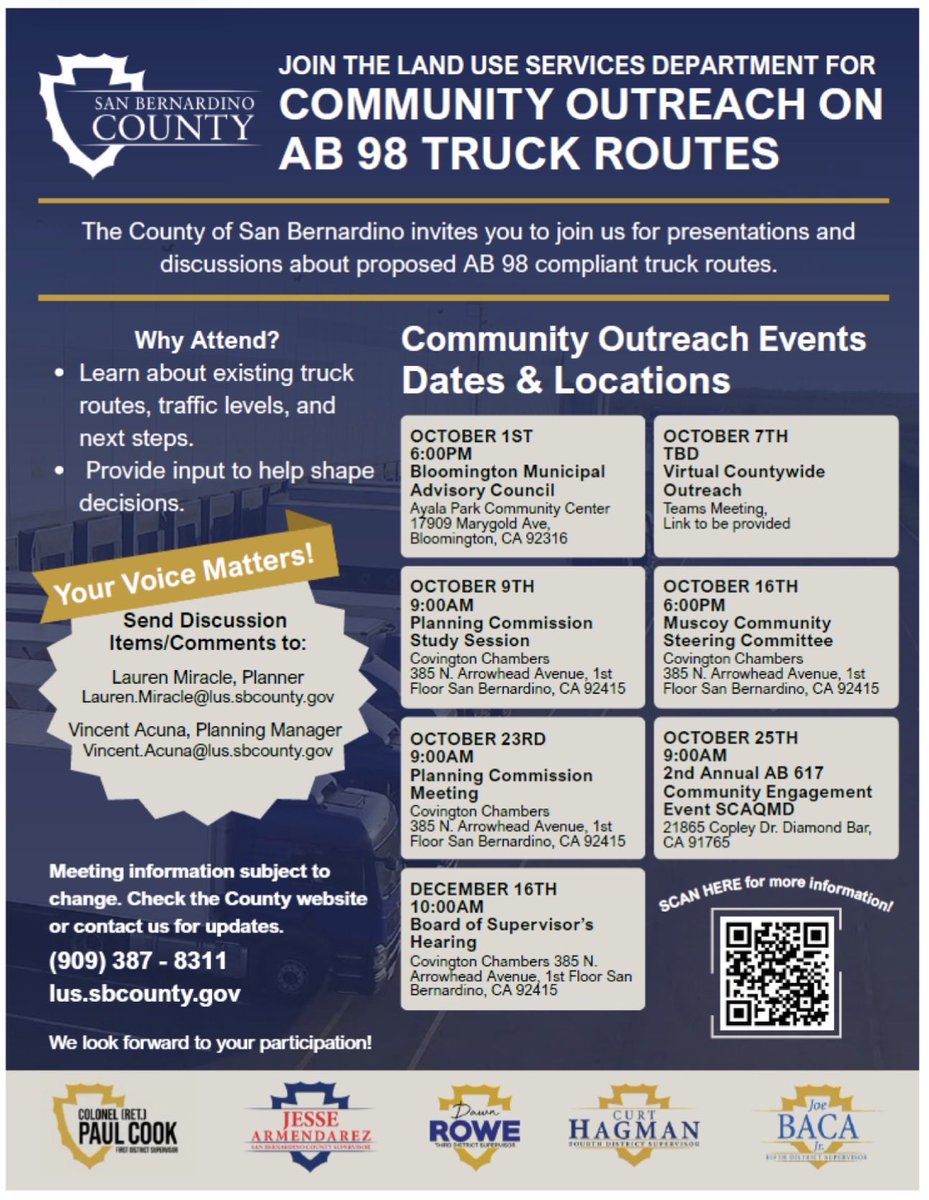 San Bernardino County is hosting sessions on #AB98, which will discuss truck routes in unincorporated communities

Please spread this information and plan to attend ✅ 

Learn more: lus.sbcounty.gov/ab-98-truck-ro…
