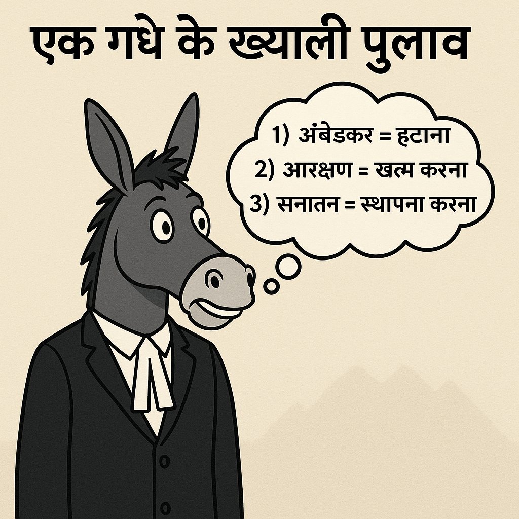 गधा बोल रहा है:
कानून ? बाबासाहेब ने बनाया था। अब इसे गधा लॉ से उल्टा करेंगे।
Teen steps:
1️⃣ अंबेडकर खत्म 
2️⃣ आरक्षण खत्म 
3️⃣ सनातन शुरू       #ArrestAnilMishra