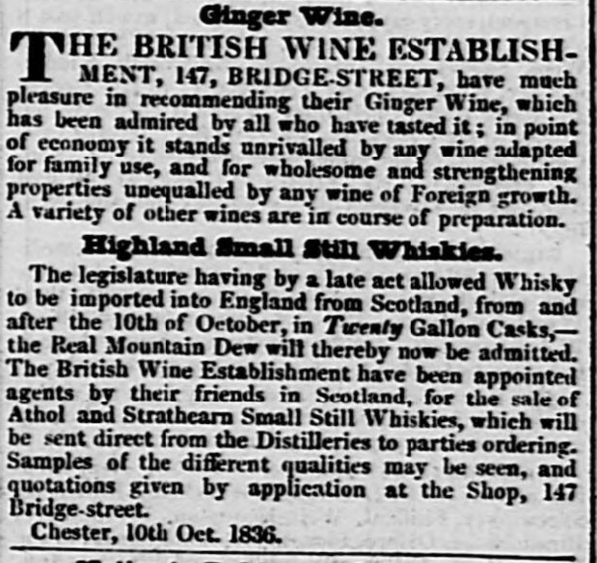 #OnThisDay
October 10th 1836
The British Wine Establishment of Chester are now able to import the 'Real Mountain Dew' of Athol and Strathearn small still whiskies in twenty gallon casks, thanks to new legislature
#WhiskyHistory