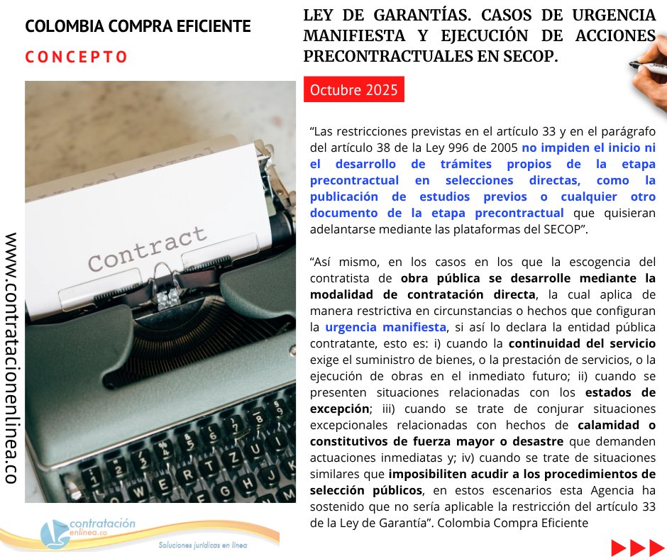 📧 LEY DE GARANTÍAS. CASOS DE URGENCIA MANIFIESTA Y EJECUCIÓN DE ACCIONES PRECONTRACTUALES EN SECOP. contratacionenlinea.co/documentos/con…