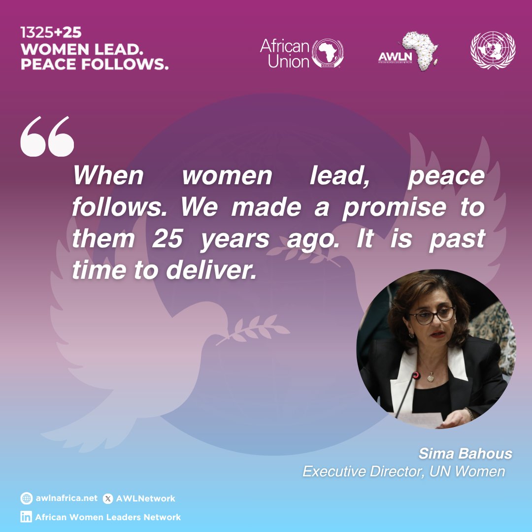#AWLNVoicesOfPeace 🕊️

 “When women lead, peace follows. We made a promise to them 25 years ago. It is past time to deliver.”
-Sima Bahous, Executive Director, UN Women

#AWLN #WomenLeadPeace #WomenPeaceSecurity #1325at25 #Resolution1325