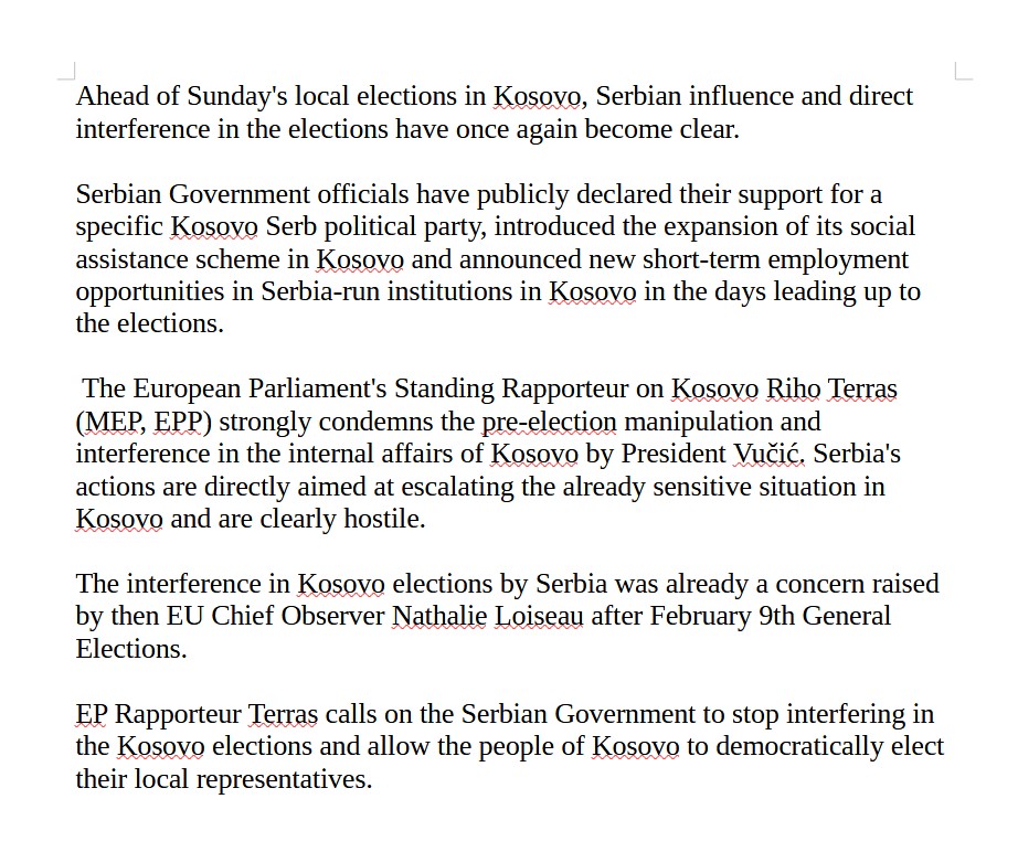 I strongly condemn the pre-election manipulation and interference in the internal affairs of #Kosovo by 🇷🇸President <a href="/avucic/">Александар Вучић</a>. 
See the full text below👇
#Kosovo <a href="/Serbia/">Serbia</a> <a href="/EPPGroup/">EPP Group</a> <a href="/politico/">POLITICO</a>