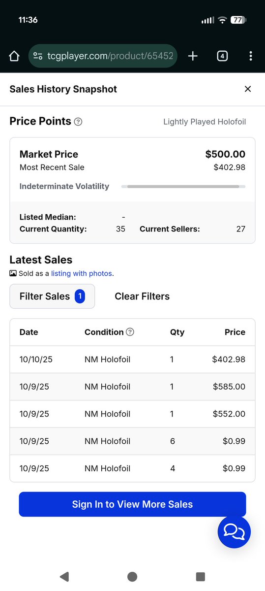 This is for the Gold Mega Gardevoir ex. Someone tanked the market with $.99 sales and then someone fell for the market value and listed the card for $402.98 and it got scooped up. 

Someone just saved like $200-$300 now.

<a href="/TCGplayer/">TCGplayer</a> Y'all gotta do better with these things.