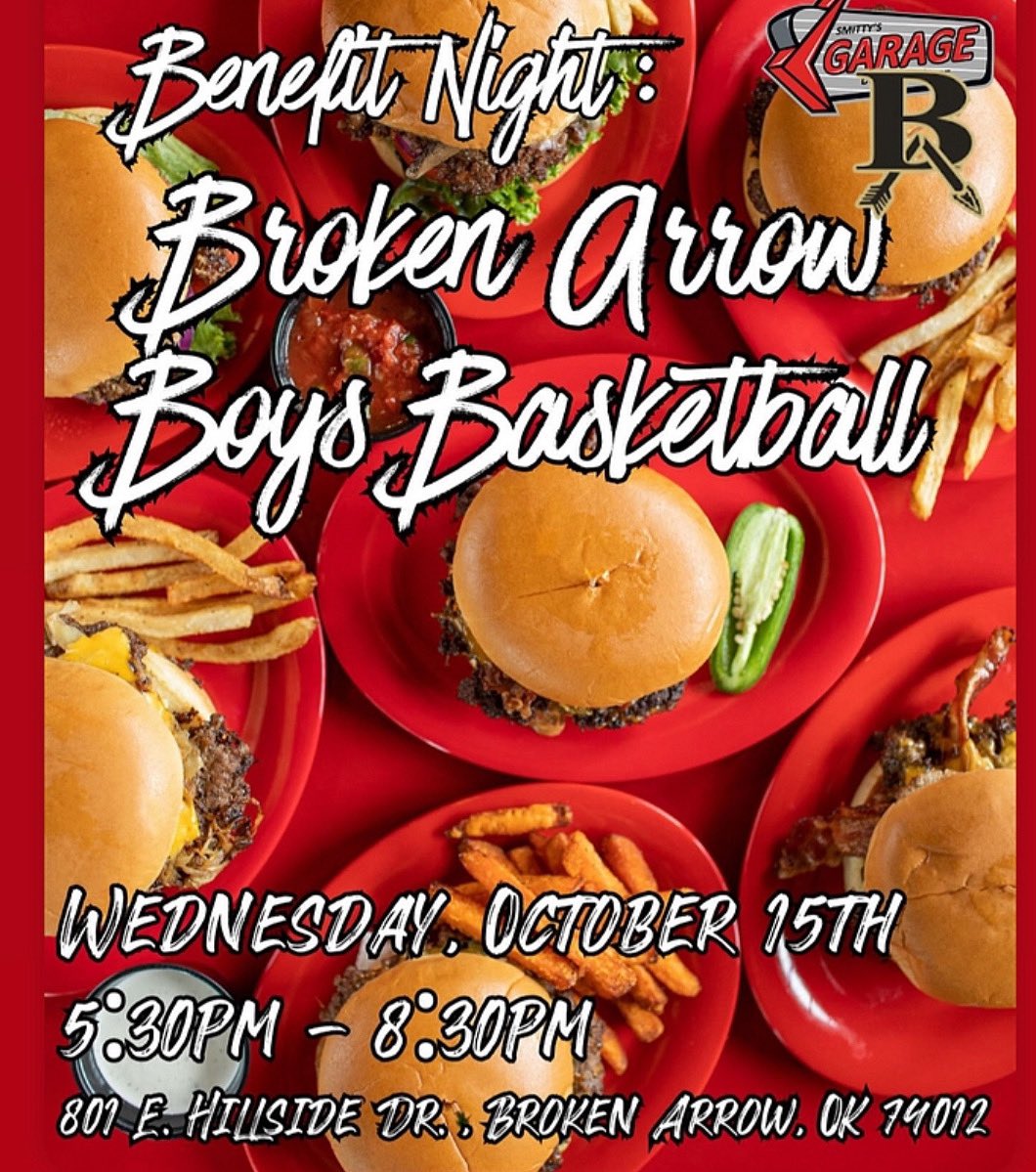 Join Us for Smitty’s Garage Benefit Night! 🍔🏀

Come out and support Broken Arrow Boys Basketball on Wednesday, October 15th from 5:30 PM – 8:30 PM at Smitty’s Garage Burgers &amp; Beer (East Hillside Drive, Broken Arrow)!

Enjoy great food and a fun night out — 10% of all proceeds