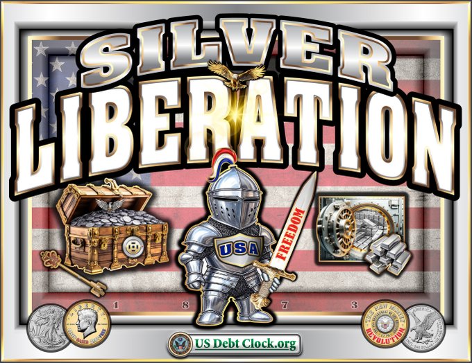 A bordered graphic with US flags and an eagle above the title Silver Liberation in bold letters. Below, a small armored knight figure holds a sword labeled Freedom, positioned next to a treasure chest filled with silver coins, a Bitcoin symbol, mechanical gears, and US coins including a dollar bill and quarters. The bottom features USDebtClock.org text with additional coin icons.