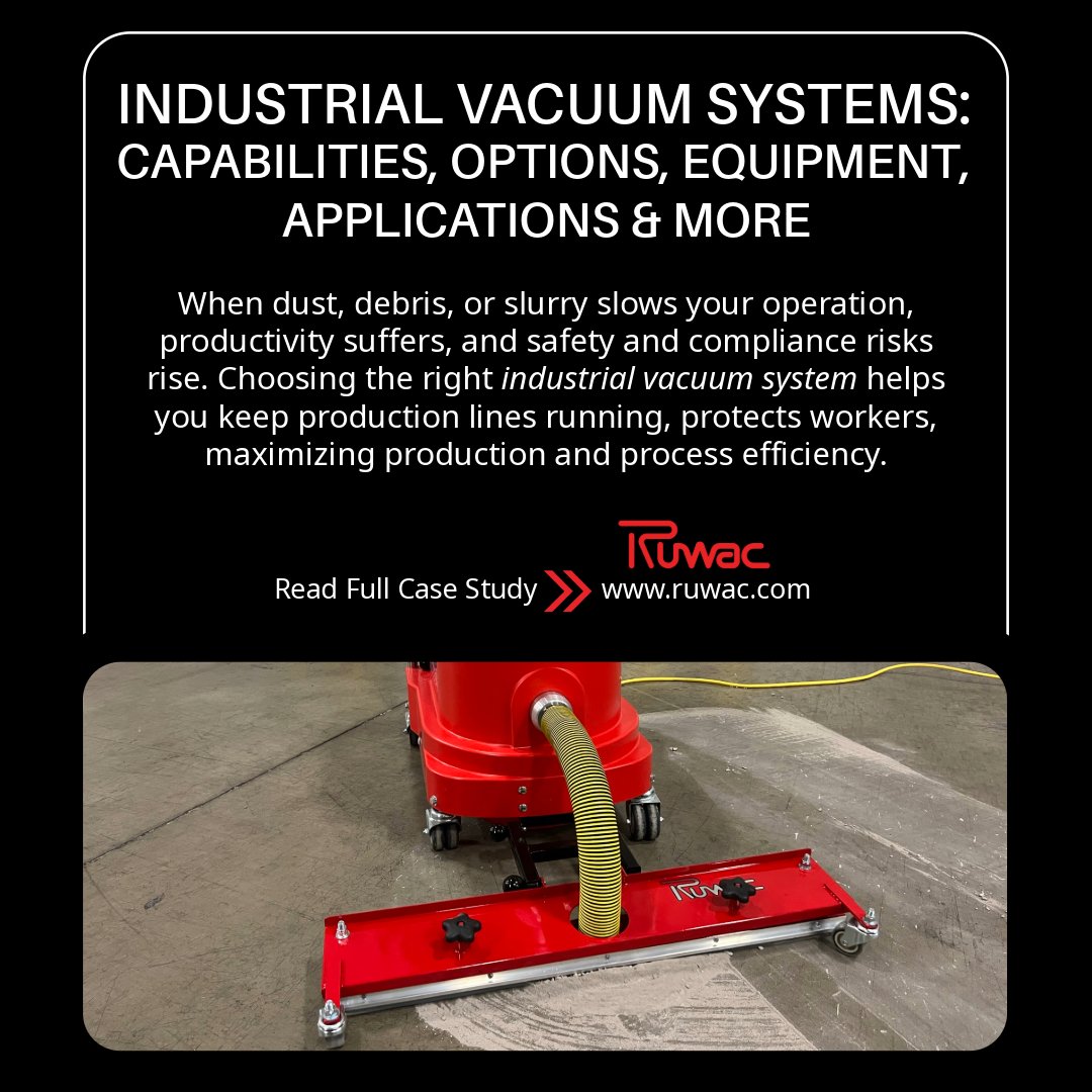 Dust, debris, or slurry can bring production to a halt and put safety at risk. Discover how the right industrial vacuum system can transform your operations by improving efficiency, compliance, and worker protection. Read more at: ruwac.com/industrial-vac… #RuwacUSA