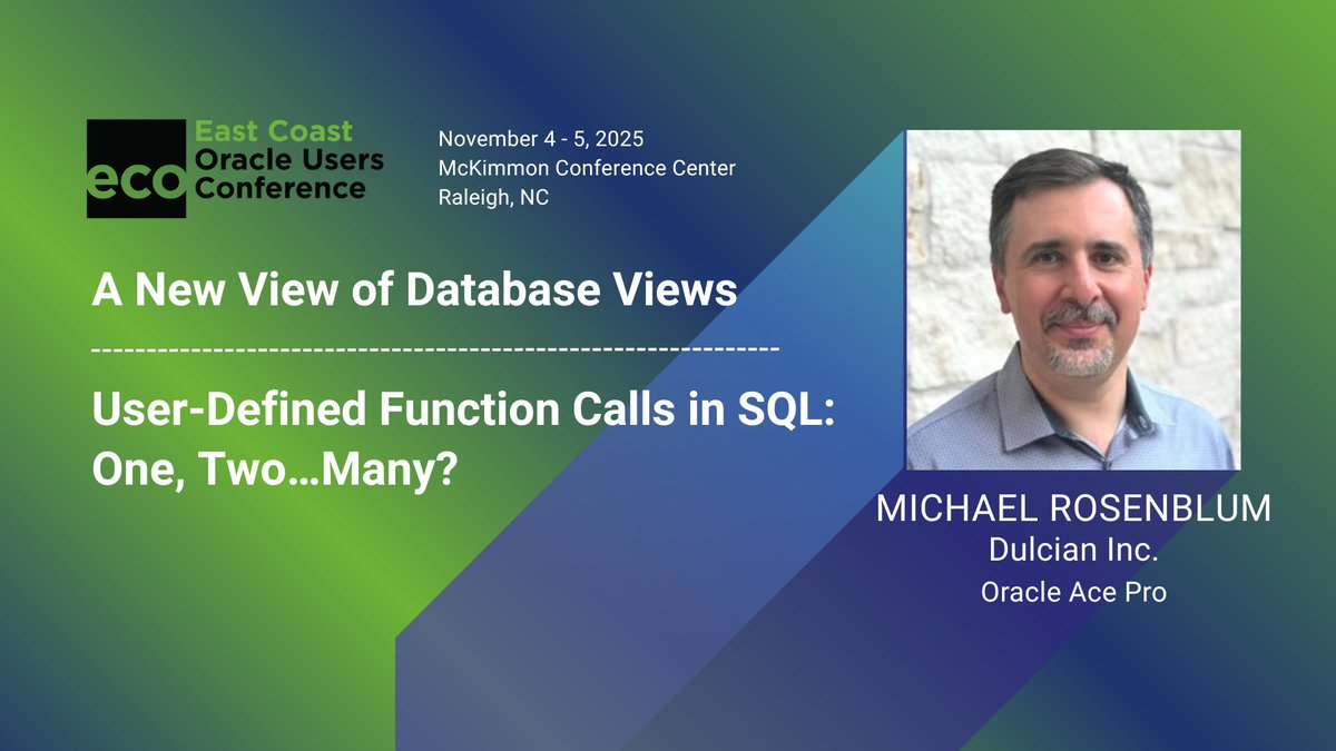 EastCoastOracle's tweet image. Double the #OracleDev insight at #ECO2025! Michael Rosenblum dives into how modern views can boost flexibility, manageability, and performance — and why understanding how user-defined functions really run is key to avoiding costly performance traps.
#DatabaseDevelopment