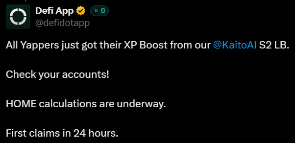 aniienam's tweet photo. GM Yappers ☀️

It’s been a wild week with Kaito S2 allocations going live on Defi App and some people weren’t happy with the claim criteria…

Good news: @defiapp heard the feedback and upgraded rewards for all Yappers.

For the next claim, your XP will now unlock three pools at once:
- 10k Yapper Reward
- 31k Welcome HOME
- 10k Staking Bonus
So if you’ve got 10,000 XP, that’s 1,000 $HOME from each of the pools.

And here’s the craziest part…
All Yappers just got their XP boosted. Open your app and you’ll see your XP doubled or even tripled

⏳ First claims go live in 24 hours

The grind doesn’t stop here. 
Keep farming XP and stay locked in for the Degen Arena S2 mega airdrop.