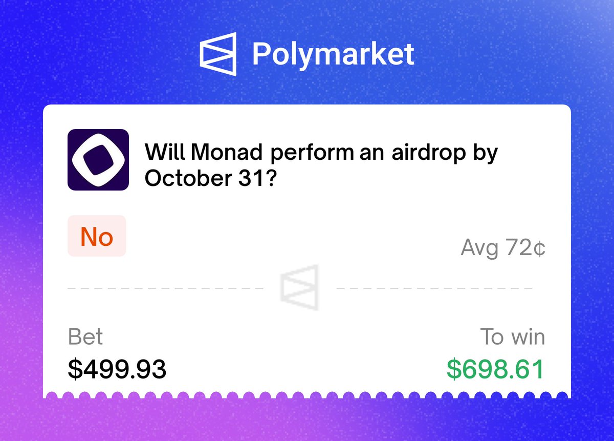 大家都觉得Monad会在14号发空投，但Polymarket上这个月发空投的概率只有25%，从前天50%直接腰斩了一半。

是不是有大手子有内幕知道了14号monad肯定会拉坨大的，让用户再做两周的任务，然后才会在11月TGE？

另外Polymarket创始人已经明示会有 $poly 空投，大家没事可以多去玩玩。