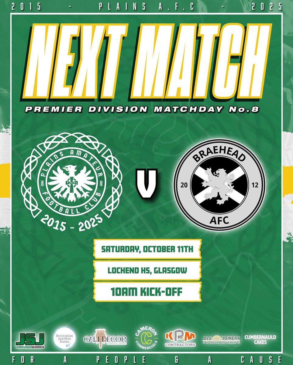 ⚽️ NEXT MATCH TOMORROW ⚽️‼️

🟢⚪️🟡 PLAINS v <a href="/BraeheadAFC/">Braehead AFC</a> ⚫️⚪️⚫️

🏆 <a href="/OfficialSMAFA/">SMAFA</a> PREMIER DIVISION MATCHDAY 8

📍 LOCHEND HS, GLASGOW 

⏱ 10AM KICK-OFF

🟢⚪️🟡 𝙐𝙋 𝙏𝙃𝙀 𝙋𝙇𝘼𝙄𝙉𝙎 🟡⚪️🟢

<a href="/scottish_aff/">AmateurFixturesResultsSCO</a> <a href="/ScotAmFA/">Scottish Amateur FA</a> 

#Plains #Lanarkshire #ScottishAmateurFootball