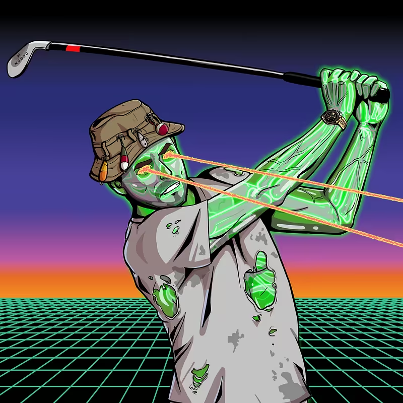I would not have thought up this combo, but thankfully "generative art" did. 

Radioactive X-Ray golfer with torn shirt and fisherman's bucket cap. I love this one so much.

No utility mentioned from <a href="/DegenGolfCC/">Degenerate Golfers Country Club</a> but this art is dope.