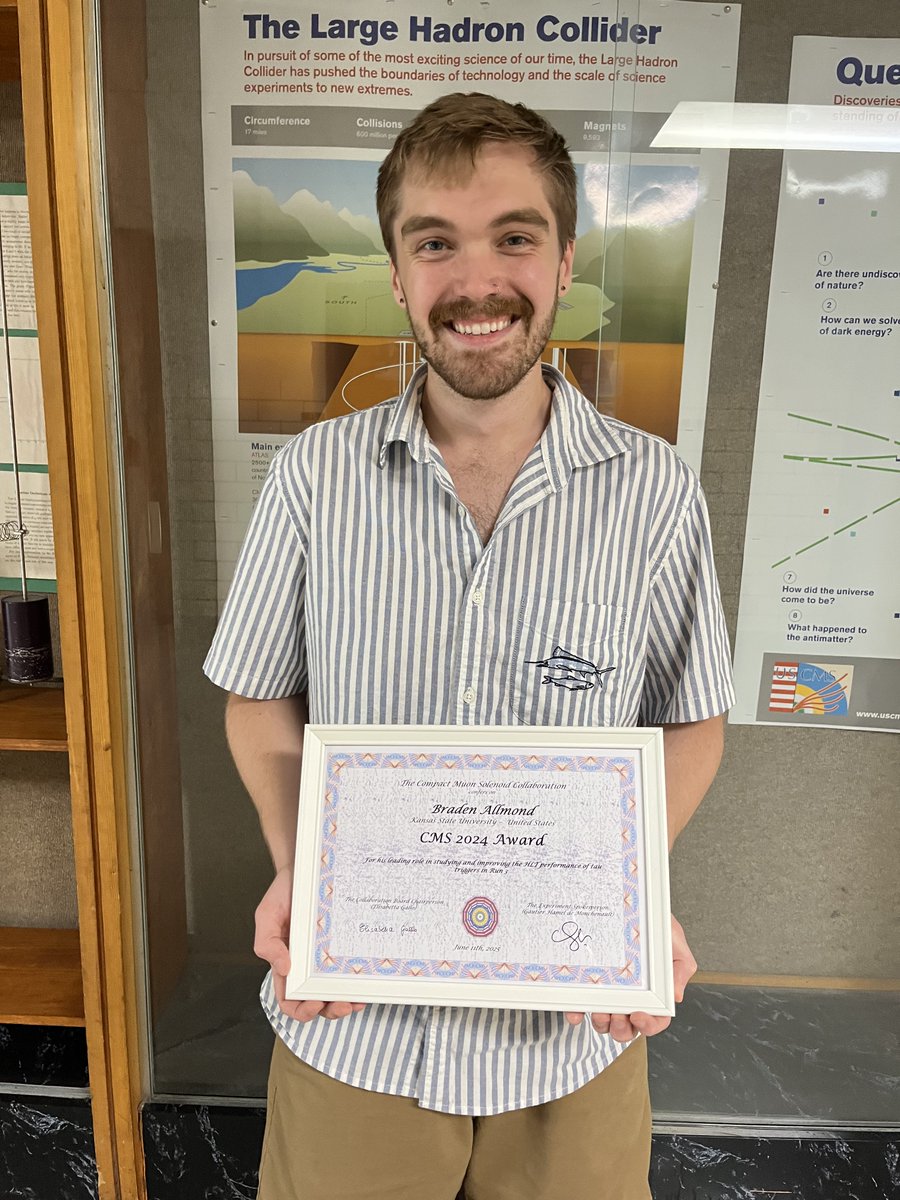 KSUPhysics's tweet image. Exciting news from @CMSexperiment @CERN in June!
🎉 Postdoc Dennis Roy recognized for leadership in HCAL Ops
🎉 GRA Braden Allmond for advancing tau trigger HLT 
A belated congrats! Social media speed ≠ speed of light.
#KState #CMSCollaboration #CERN