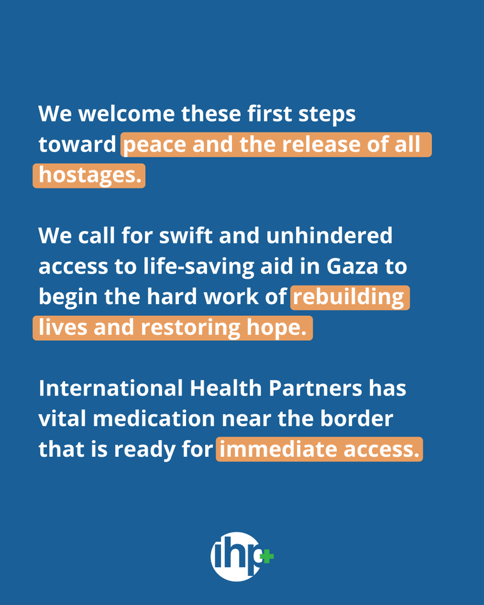 ihp_uk's tweet photo. We welcome these first steps toward peace and the release of all hostages.

We call for swift and unhindered access to life-saving aid in Gaza to begin the hard work of rebuilding lives and restoring hope.

IHP has medication near the border that is ready for immediate access. https://t.co/xhqhYyDpoX