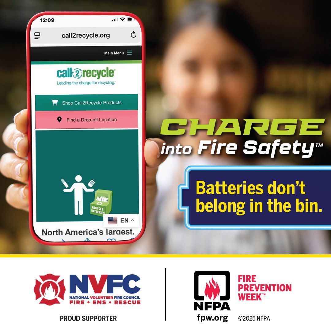 Lithium-ion batteries can start fires if thrown away in the trash or curbside recycling bin. The NVFC is a proud supporter of the <a href="/NFPA/">NFPA</a> this #FirePreventionWeek, reminding you to recycle batteries safely. Find a drop-off site near you at call2recycle.org.